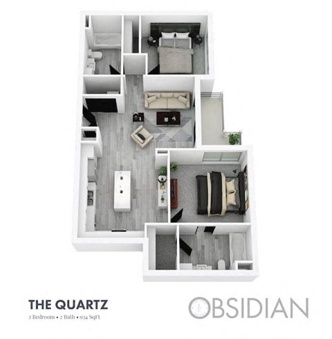 Floor plan for 2 beds, 2 baths, 934 sqft